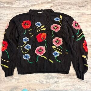 Michelle Stuart Hand Knit Black Floral Poppy Cable Knit Grannie Core Sweater Med